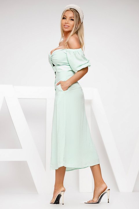 Aqua green midi summer dress with bardot neckline